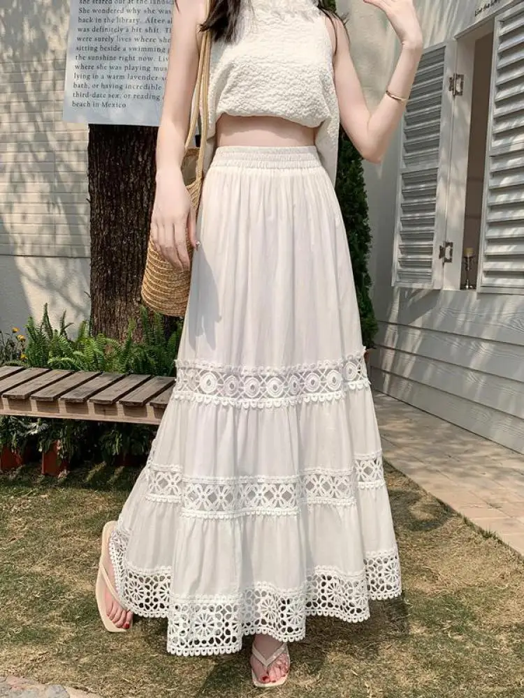 

Spring Summer Vintage White Elegant Hollowed Out Pleated Long Skirt Women Elastic High Waist Party Skirt New Ladies Slim Fashion