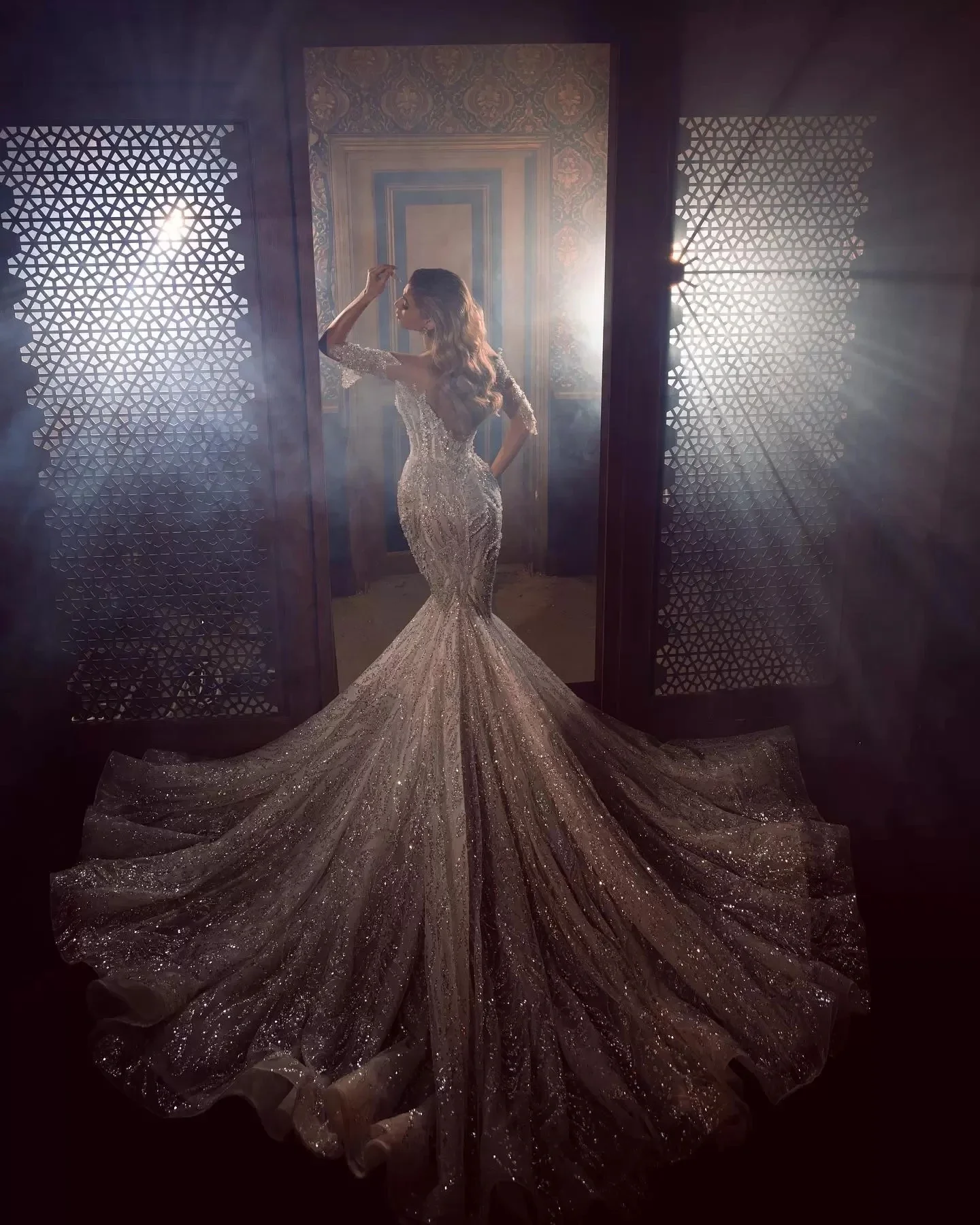Exquisite Wedding Dress Middle Sleeves Deep V Neck amanda novias official Beaded Sequins Appliques Bridal Gowns Vestido de novia