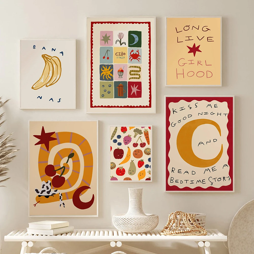 Patchwork Print Kids Wall Art Kids Play Room Poster Decor Cowboy Snake Banana Fruit Friends Print Nursery Learning Illustration