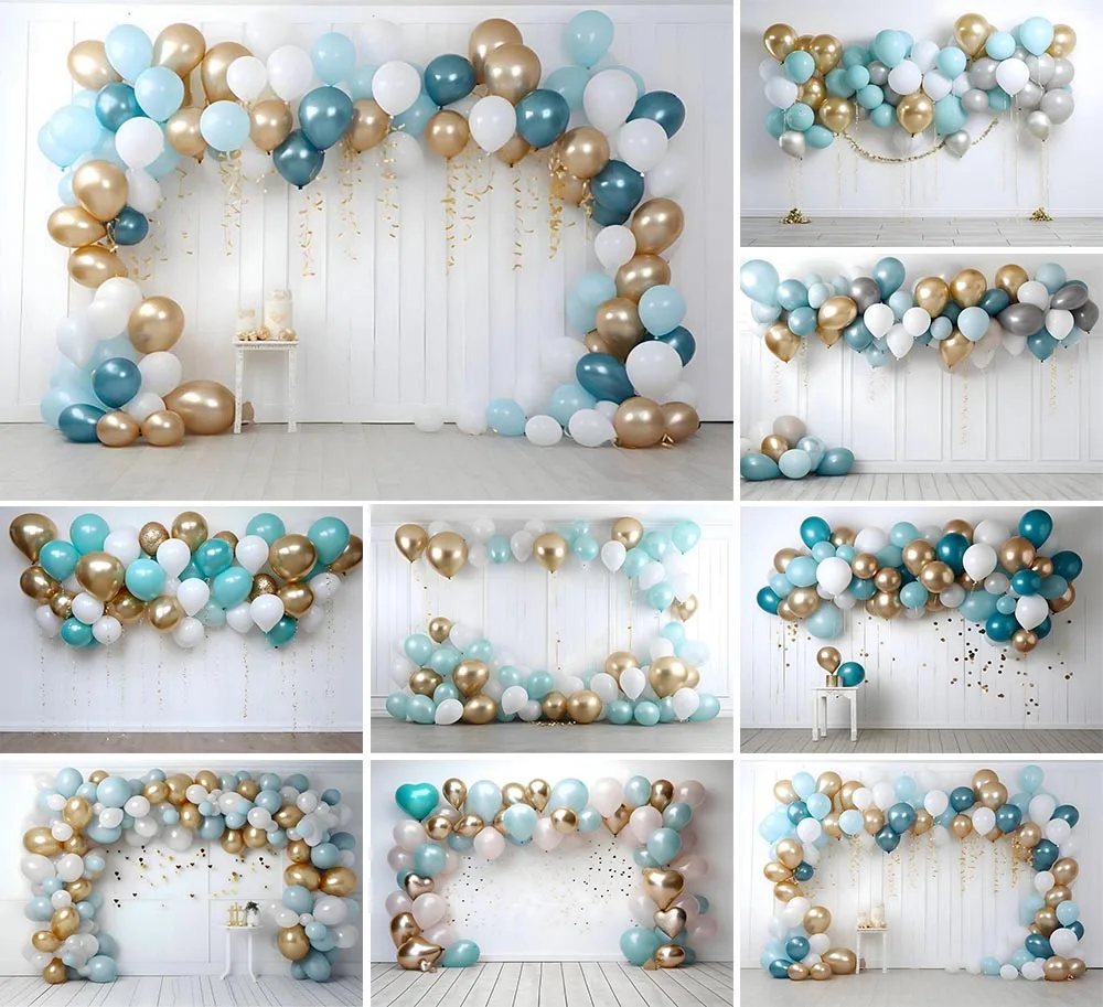 Mehofond-大人の写真の背景、誕生日パーティー、結婚式、ポートレート、背景、写真スタジオ、青と金の風船、白い部屋