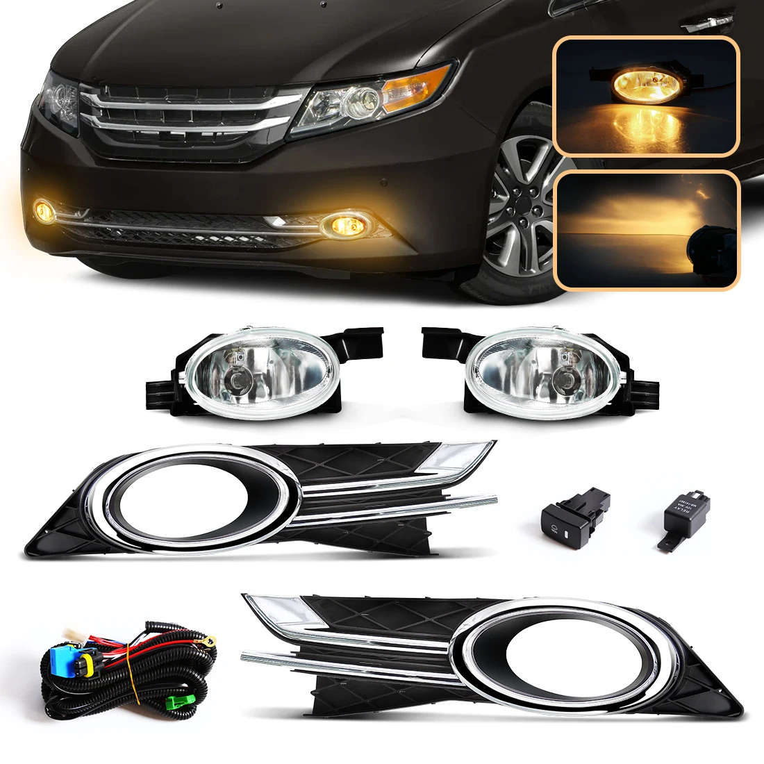 

Для Honda Odyssey 2014 2015, противотуманная фара, галогенный бампер, дневный свет, DRL, хромированная накладка, провода, переключатель HD697