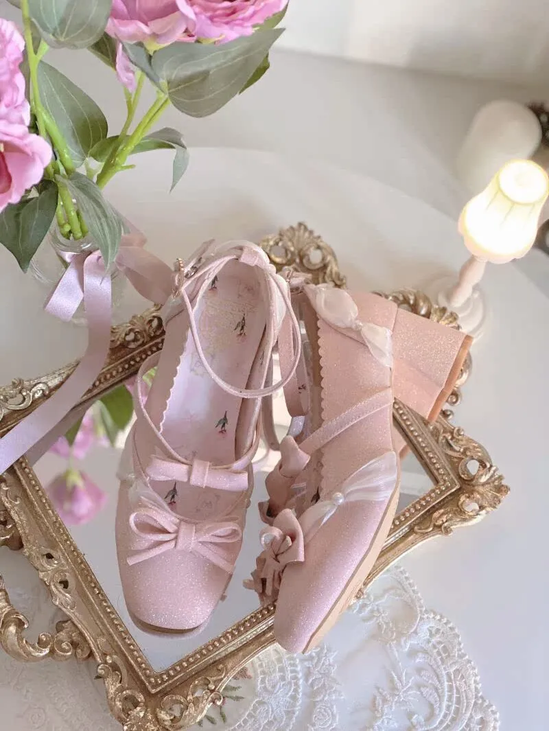 Japanese Original Thick Heel Medium Heel Round Head Lo Shoes High Heels Women's Cute Bow Shoes Lolita Elegant Ladies Single Shoe