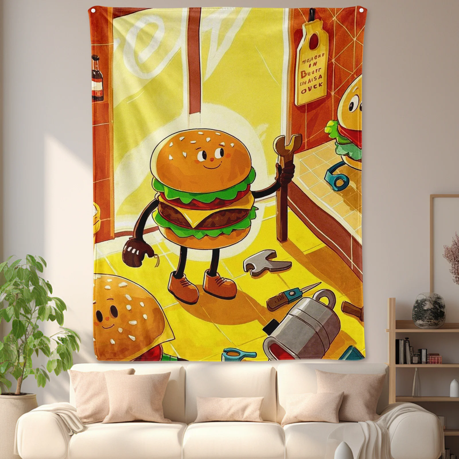 Żółty hamburger Ilustracja Klucz do butów Przytulny koc dla dzieci i dorosłych Unikalny pomysł na prezent Wystrój domu Ciepły rzut