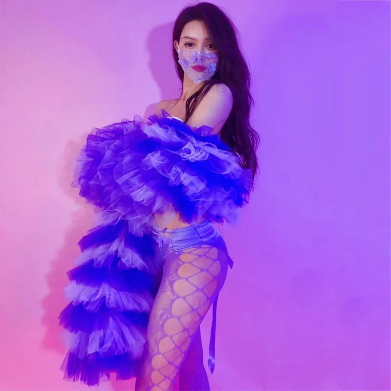 Sexy Tube Top Blauw Kant Taart Mouwen Jas Broek Vrouwen Pole Dance Kleding Dj Ds Stage Rave Outfit Prestaties Clubwear XS3867