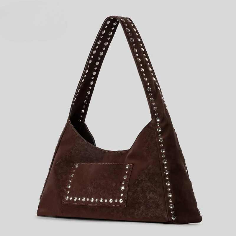 

Retro Rivet Hot Girls Underarm Bag Fashion Faux Sude Motorcycle Handbag Luxury Designer Women Large-capacity Tote Shoulder Bags