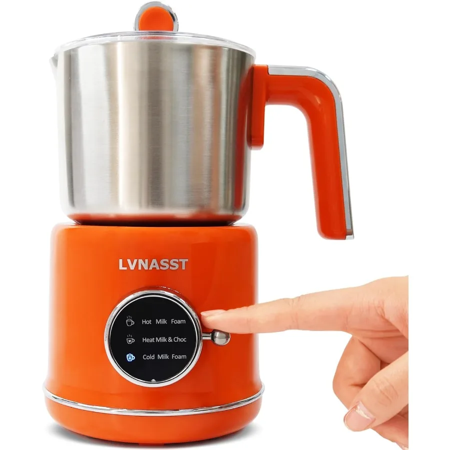 رغوة الحليب الكهربائية المصنوعة من الفولاذ المقاوم للصدأ 3 في 1 للقهوة سعة 12 أونصة صانع رغوة سميكة وباردة باللون البرتقالي
