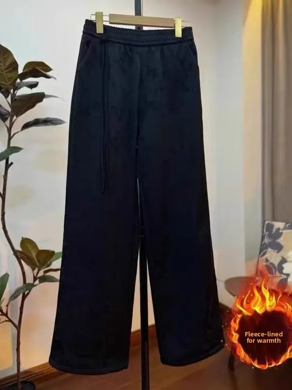 Pantaloni a gamba larga foderati Fce Faionable per donna con ricamo a motivo nascosto Nuovi pantaloni invernali cinesi Sle