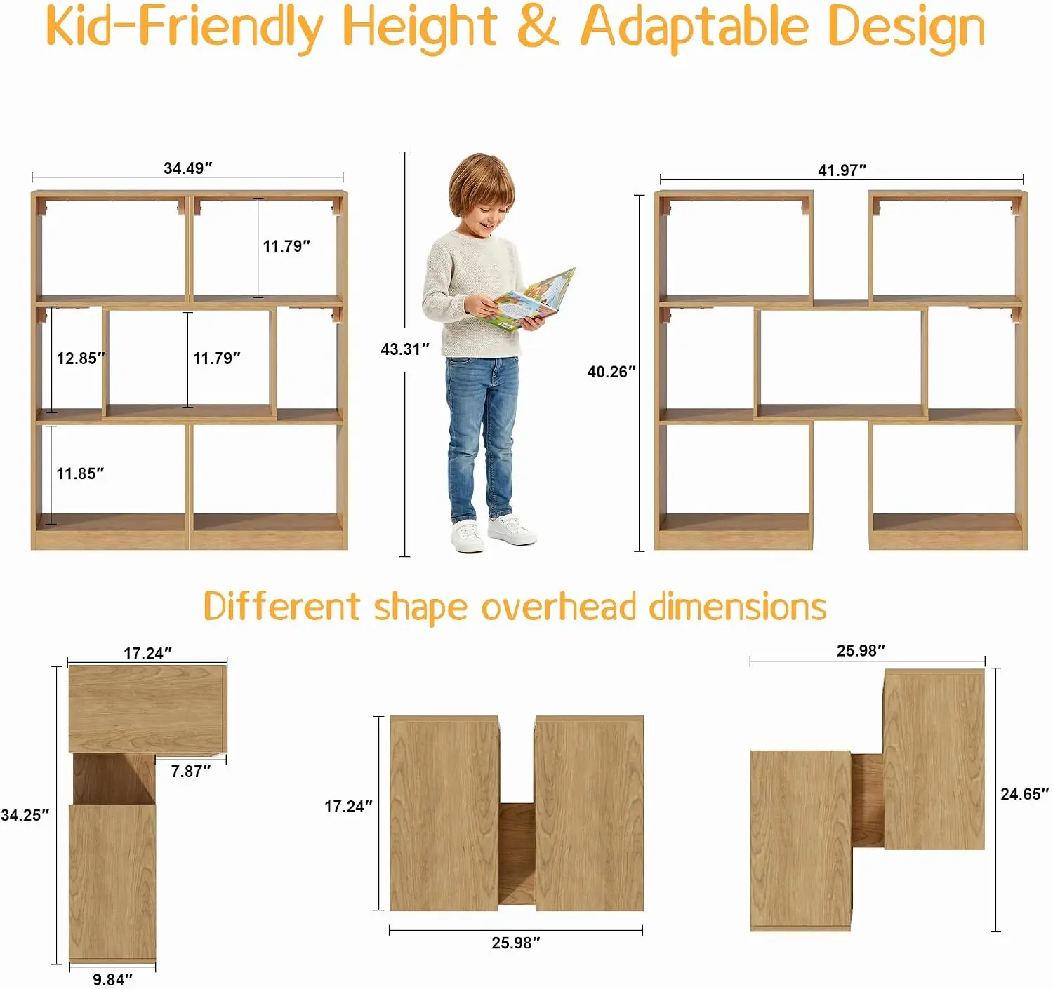 Kids Bookshelf Wooden Extendable Montessori 7 Compartment Convertible Cube Storage Organizer Nursery Toy Bookcase Shelves