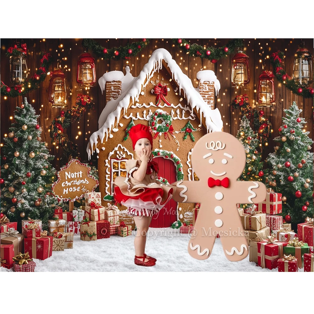 Snowy Lebkuchenhaus Fotografie Hintergrund Glitzer Weihnachtsbaum Laterne Geschenk Hintergrund Booth Kind Winter Geburtstag Porträt Studio