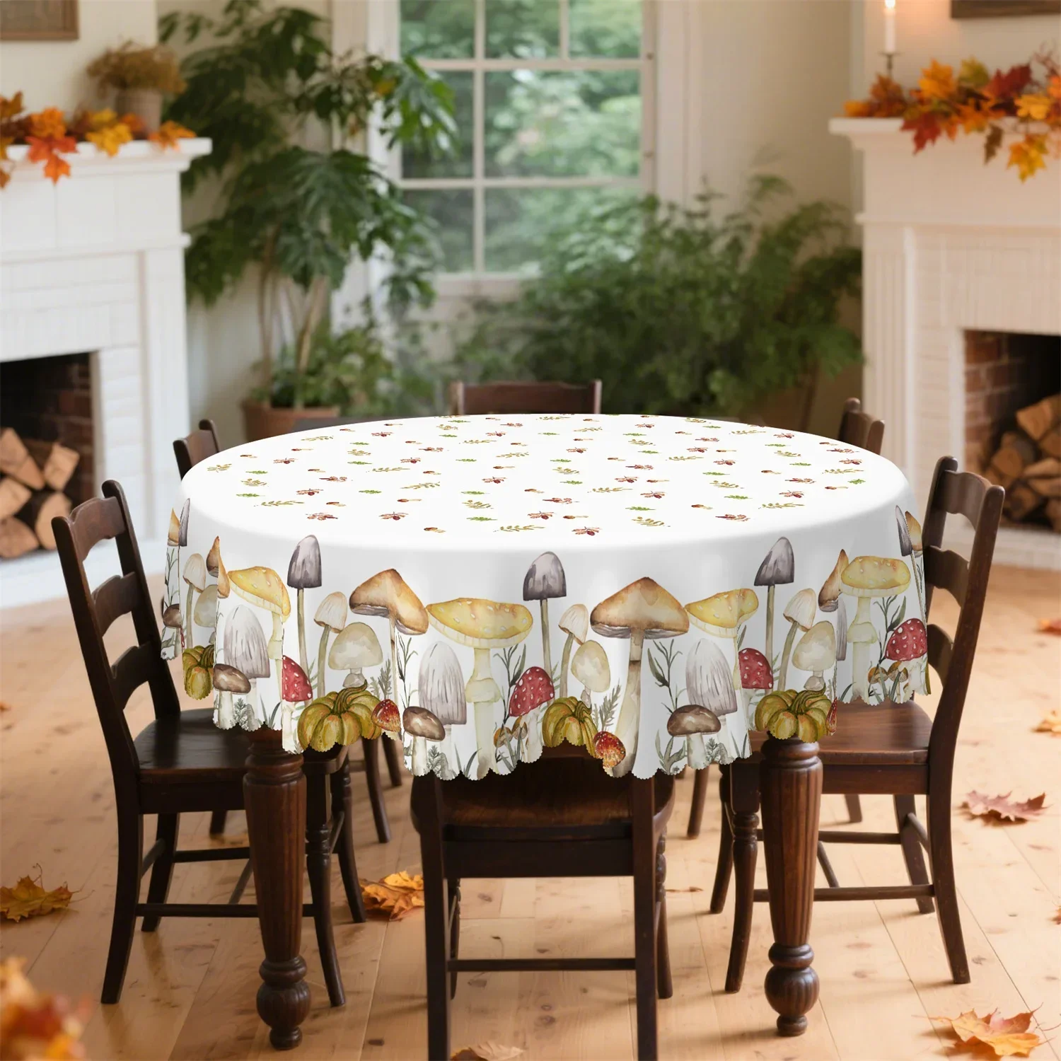 Mushroom Pumpkin Herbal Pattern Tablecloth - Washable, for Thanksgiving and Autumn Decorationsxzj