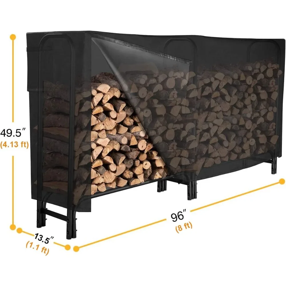 GASPRO 8FT Firewood Rack Outdoor with Cover, Adds Sturdy Middle Upright, Heavy Duty Steel Log Rack Wood Holder, Easy to Assemble