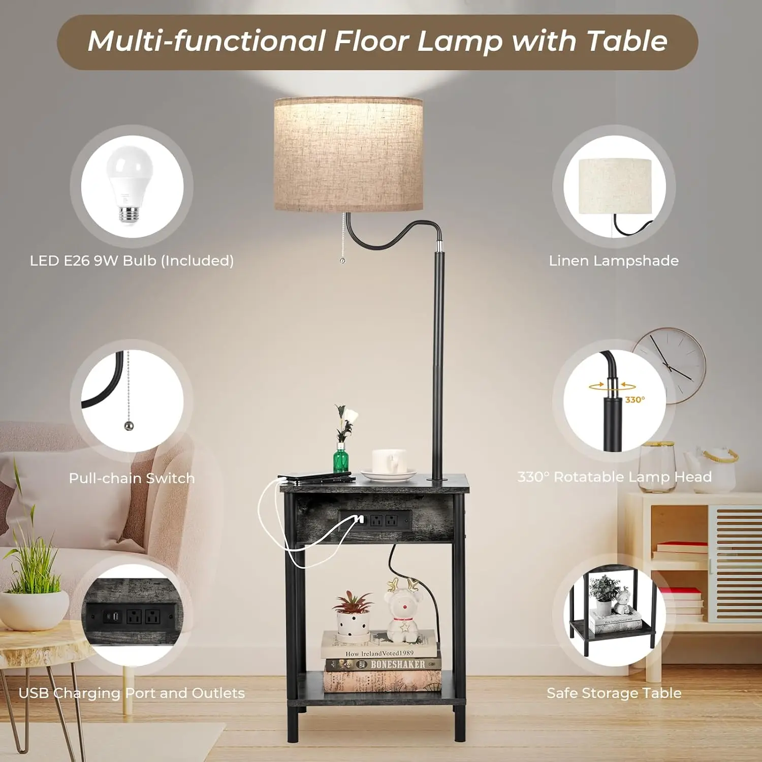 Fimei Floor Lamp With Table, End Table With Charging Station Usb Ports & Outlets, Bedside Table 3 Color Temperature Reading