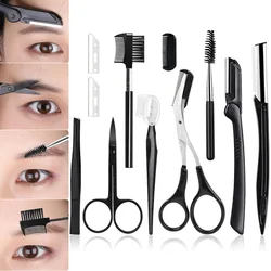 Black Eyebrow Trimming Scissors Stainless Steel Tweezers Scraping Eyebrow Comb Razor Eyebrow Clip Makeup Tools Sets