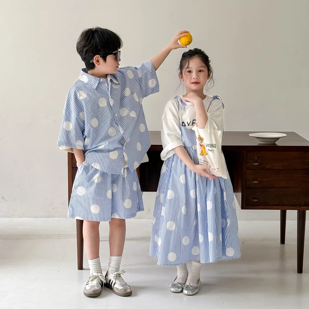 

Korean Summer Children Boys Outfit Kid Boys Loose Dot Polo Shirt+shorts Suit Thin Stripe Little Girl Sling Dress Siblings Attire