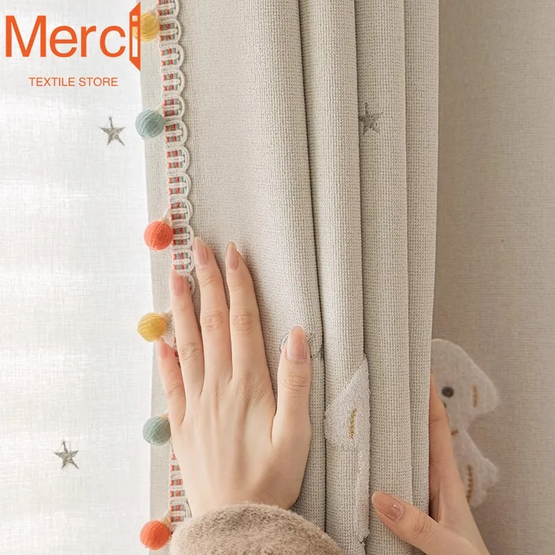 Neue Stil Kinderzimmer Vorhänge Junge Mädchen Vorhänge für Wohnzimmer Esszimmer Schlafzimmer Baumwolle Leinen Blackout Cartoon Creme Welpe