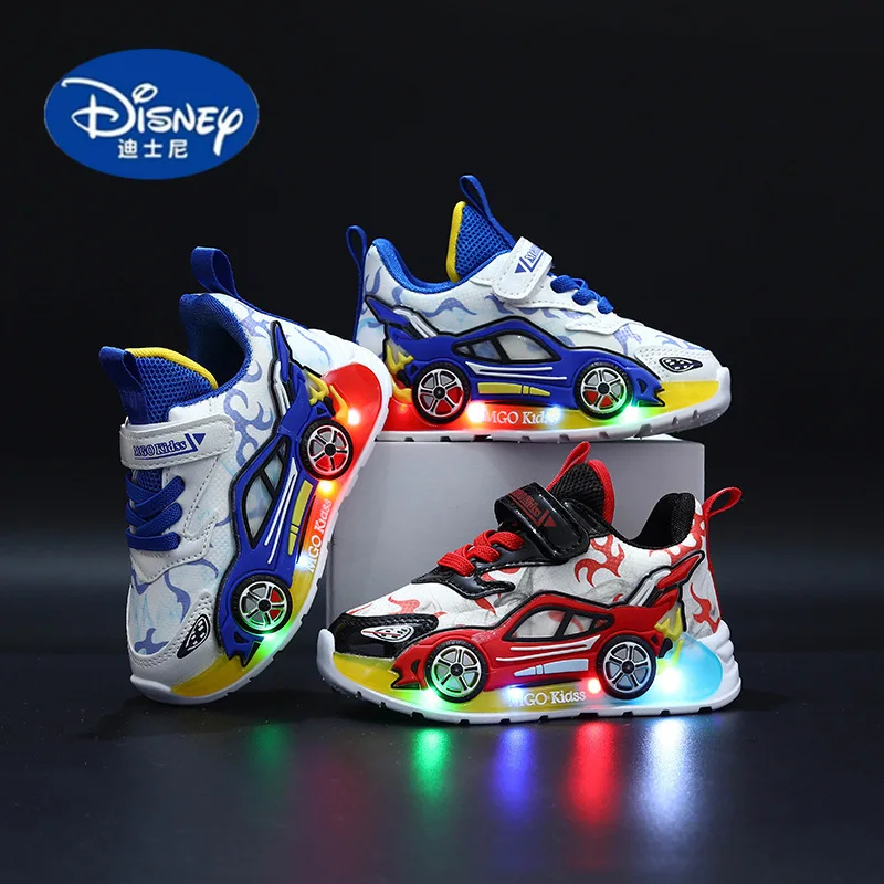 Disney 2025 Kids' Race Car LED Sneakers - Light-Up Leather Shoes for Boys 1-6 Years, Sports & Casual Play
