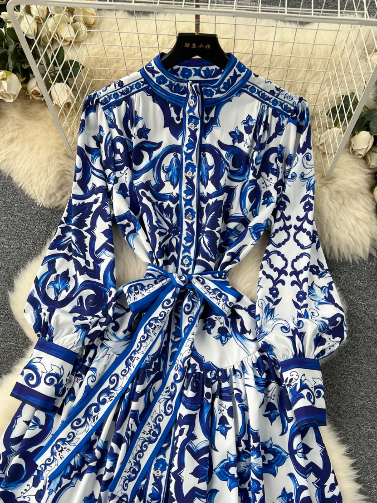 E Vestido Largo Estampado para Mujer, Estilo Corte, Cuello con Botones, Corte Entallado, Nuevo Vestido de Moda Primave...