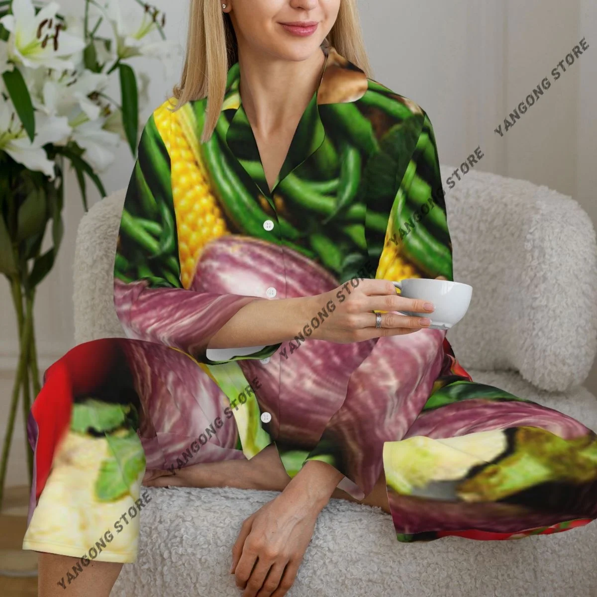 Women Sleepwear Pajamas Various Fresh Vegetables Background Long Sleeve Pijama Female Set Negligee Cardigan Suit