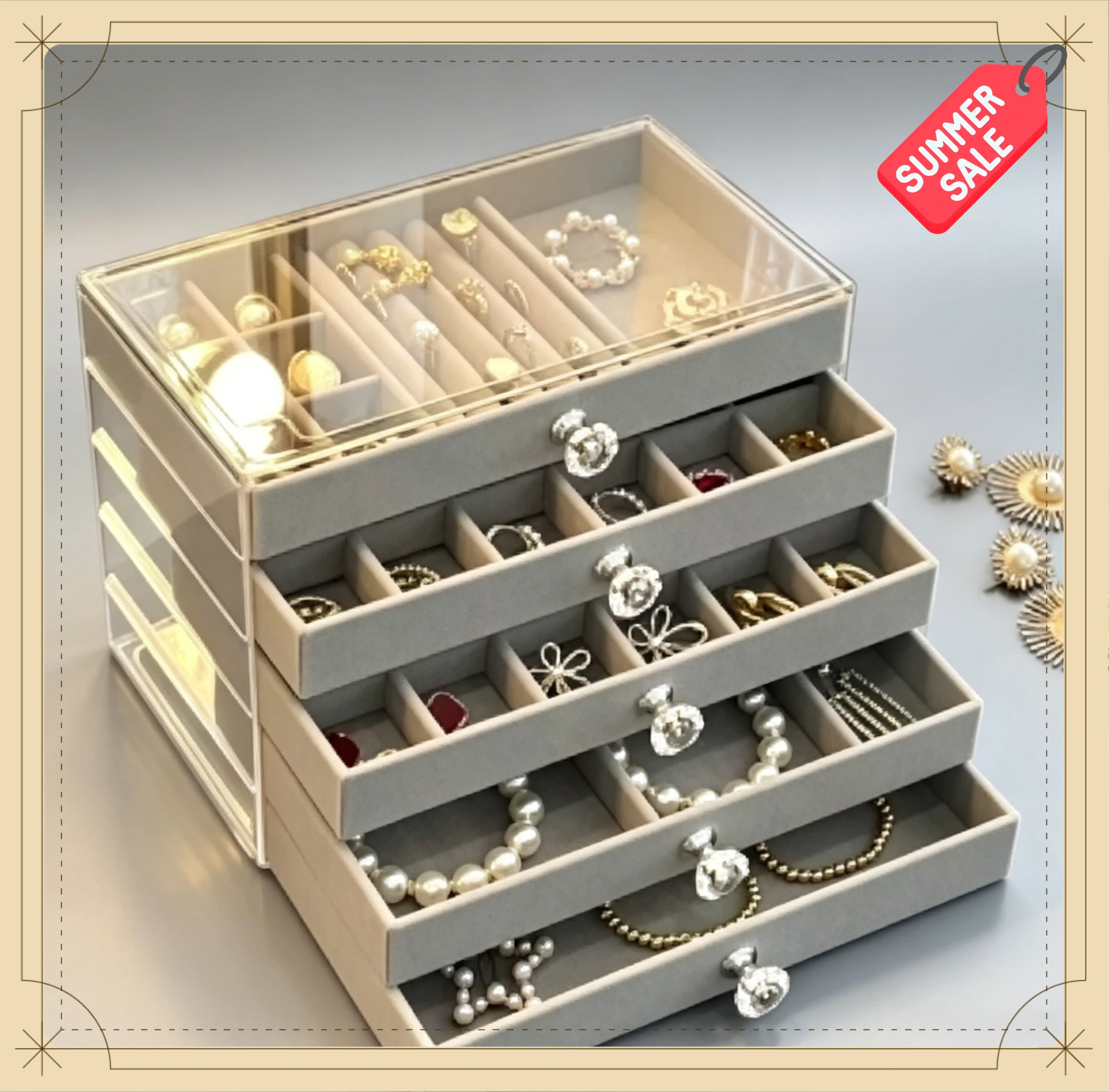 New 5 Layers Gray Jewelry Storage Box Drawer Design Large Capacity Anti-oxidation Organizer for Women Accessories