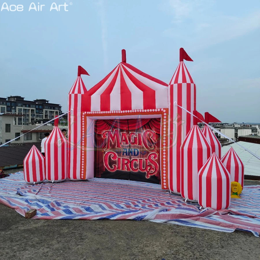 Modelo de eventos de fiestas de arco inflable con logotipo de marca inspirado en circo personalizado, entrada de espectáculo de circo