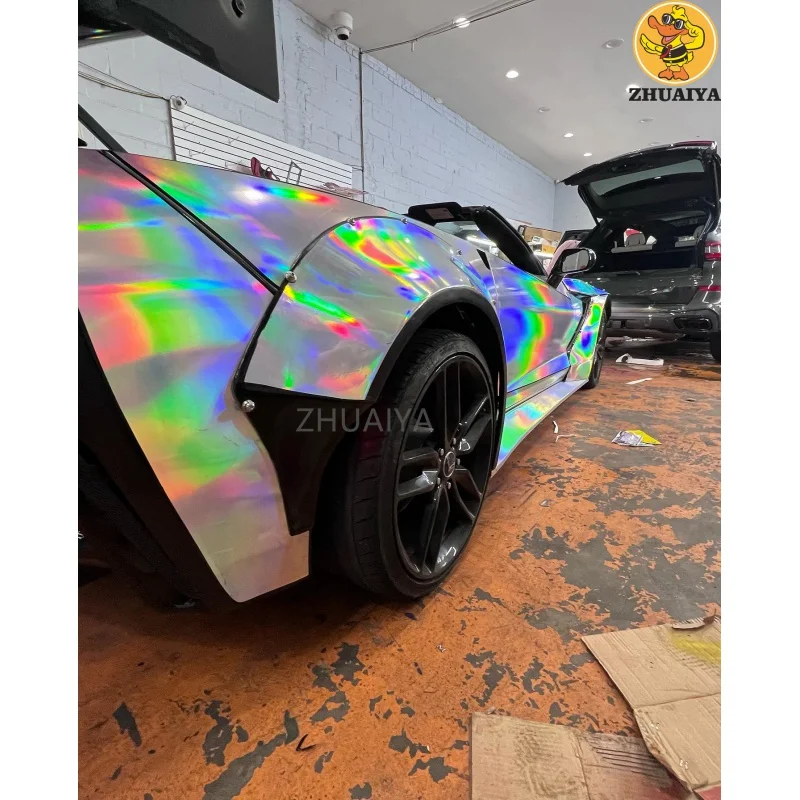 1.52X17M Stretchable Silver Holographic Chrome Vinyl Wrap Self-Adhesive Film Decal Air-Release Bubble Free DIY Car Wrapping Roll
