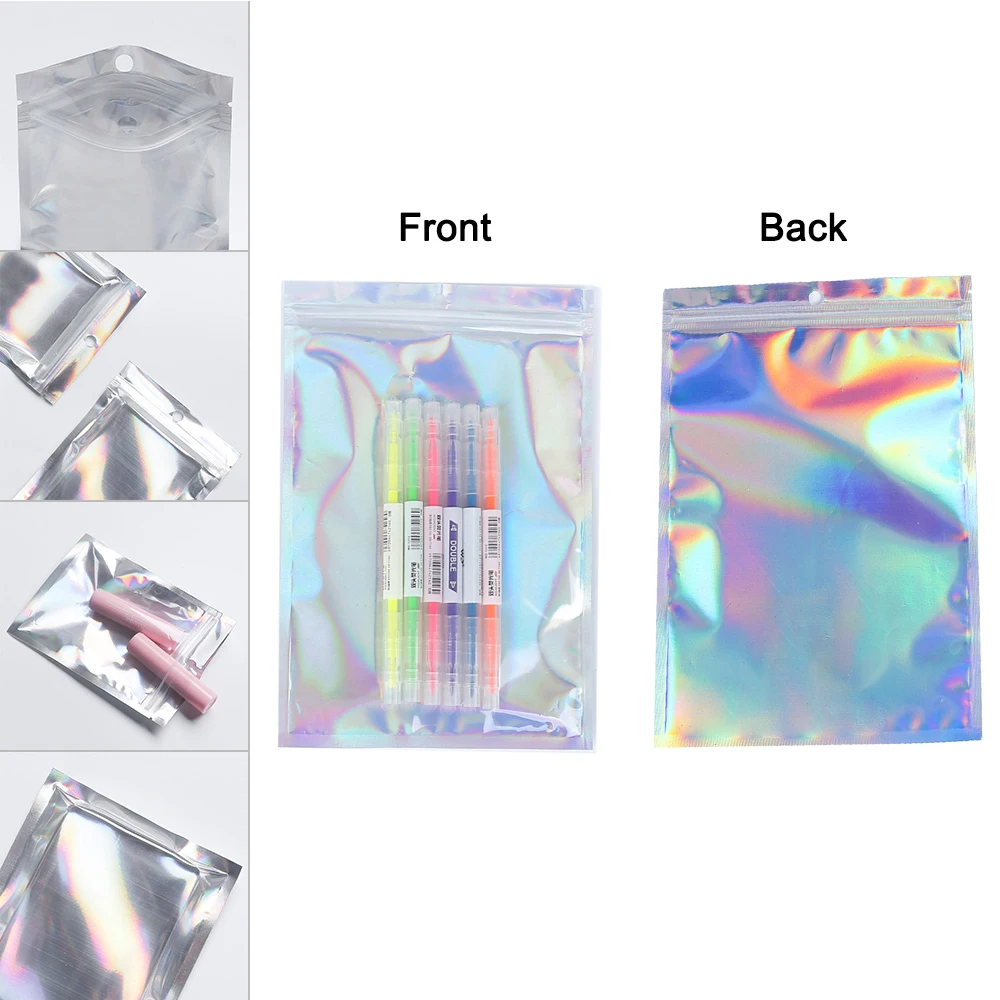 100Pcs  20x30cm Reusable Large Holographic Ziplock Foil Bag Transparent Window Waterproof Cosmetic Hologram Packaging Bag