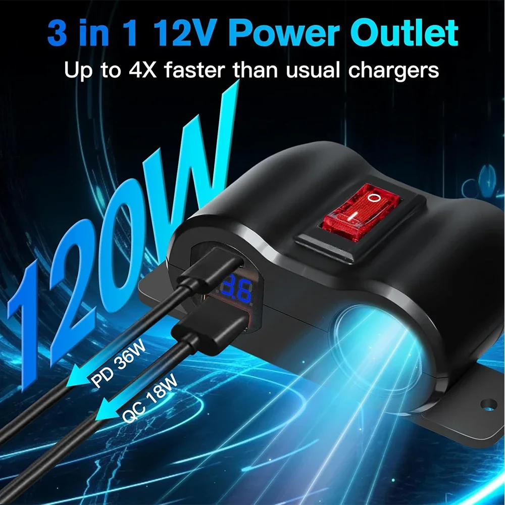 120W QC3.0 & PD3.0 Outlet 12V Cigarette Lighter Socket Splitter with LED Voltmeter/Rocker for Car RV Marine Motorcycle Truck ATV