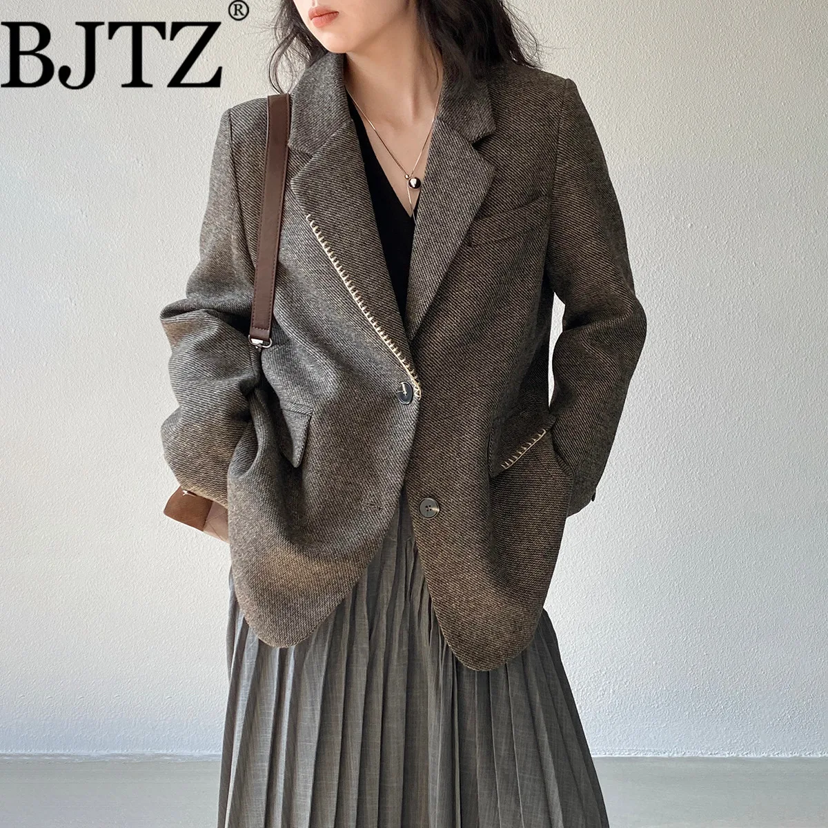 

BJTZ Women Petite Wool Tweed Blazer Winter Coat Classic Color Block Design 2025 Autumn Winter Premium Office Wear