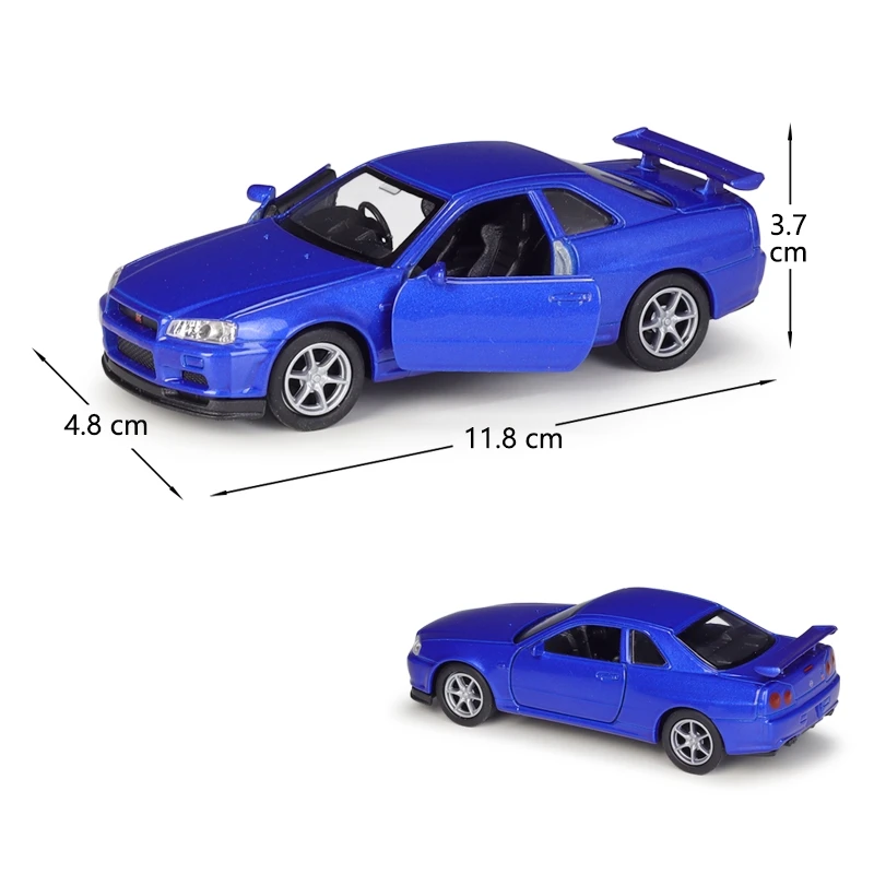 1/36 Nissan Skyline GTR R34 Toy Car Welly Diecast Metal Miniature Model Pull Back Doors Openable Collection Gift For Boy, Kid