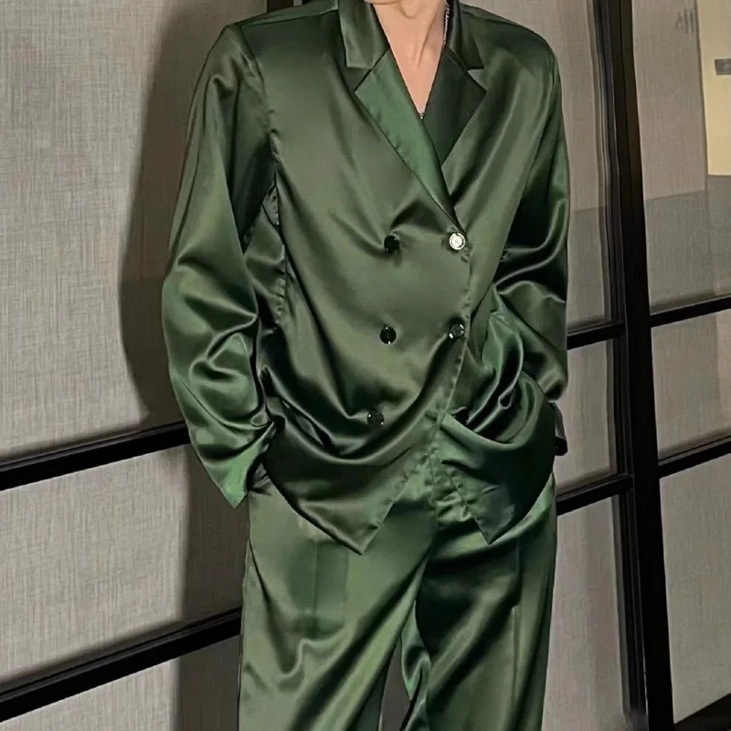 

Нишевый повседневный модный темпераментный костюм, комплект из куртки и брюк, свободная уличная мужская шелковистая элитная одежда для вечеринок и ночного клуба, 2 шт.