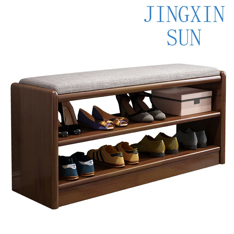 Shoe changing stool with storage, thickened soft bag seat cushion, solid wood shoe stool design