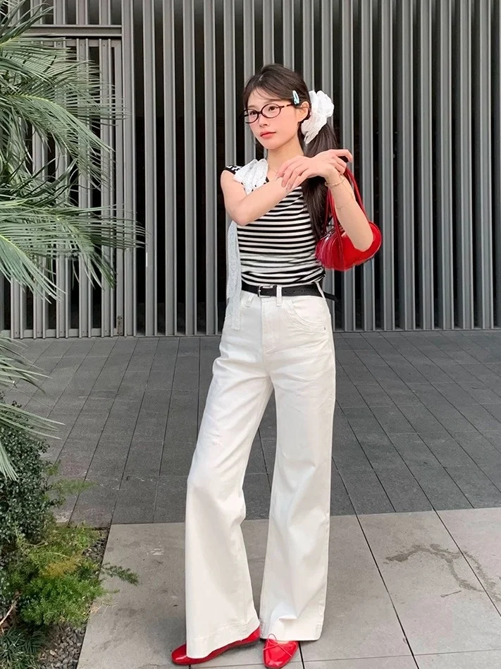 

Slimming High Quali White Micro Flared Jeans Women's Spring Summer Thin Loose Not Legging Micro Flare Long Trousers