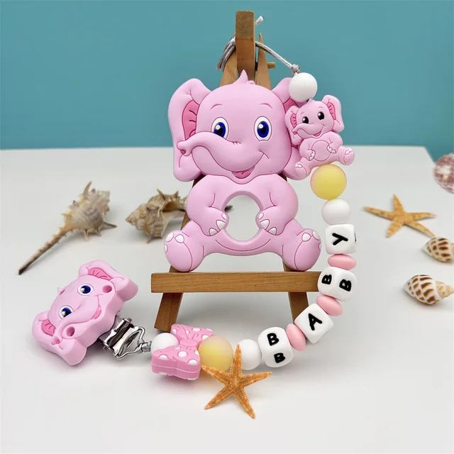 Spersonalizowana litera Imię dziecka Silikonowy słoń Świecące koraliki Wisiorek Klipsy do smoczka Łańcuchy Gryzak dla dziecka Kawaii Zabawka Prezent