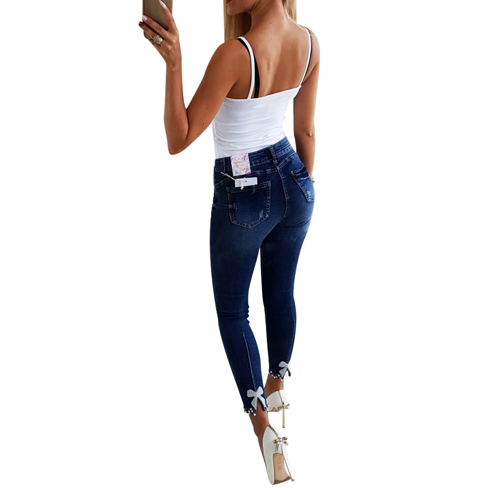 New Blue Woman Jeans Casual High Waist Lace Pearl Split Skinny Jeans Ladies Stretch Denim Pants All Match Trouser Streetwear 2XL