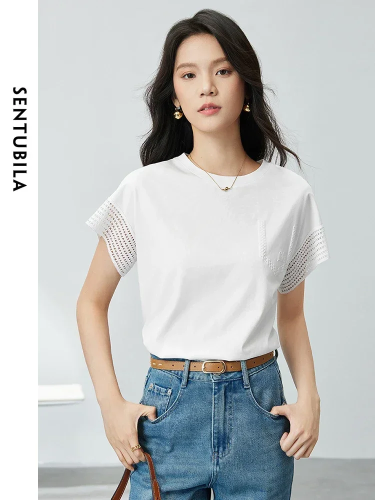 

SENTUBILA Women Simple White T-shirts Summer Tops 2024 Fashion Casual Hollow Out Short Sleeve Round Neck Woman Tees 142T54105