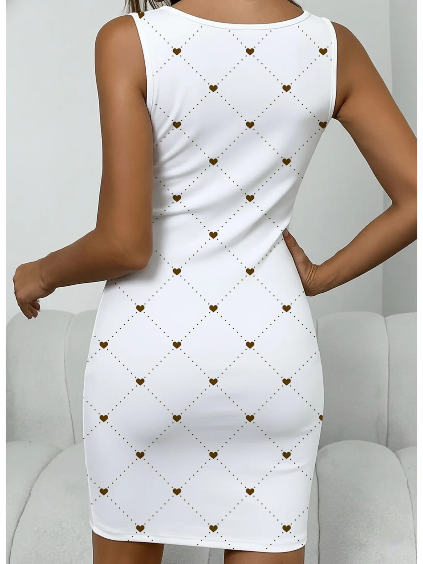 Women's Summer Casual Waist Cinched Square Collar Button Up Heart-Shaped Printed Sleeveless Mid Length Dress