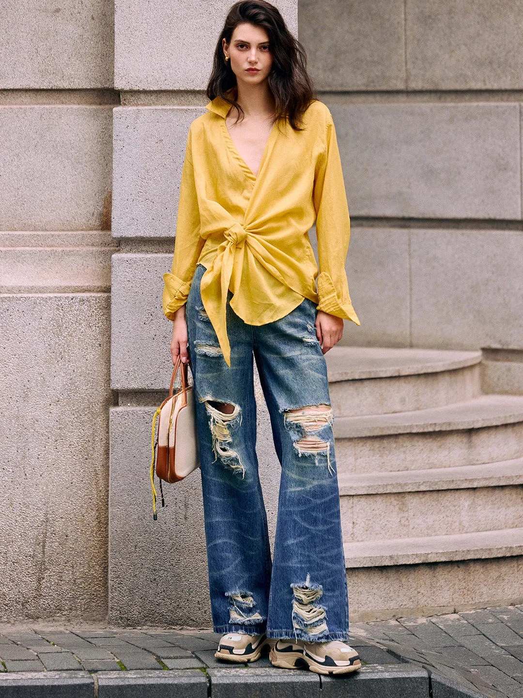 

Luna7xi Women's Yellow Linen Shirt Summer New Loose Fashion Top Long Sleeve Tie Waist Design Comfortable Breathable Korean Style