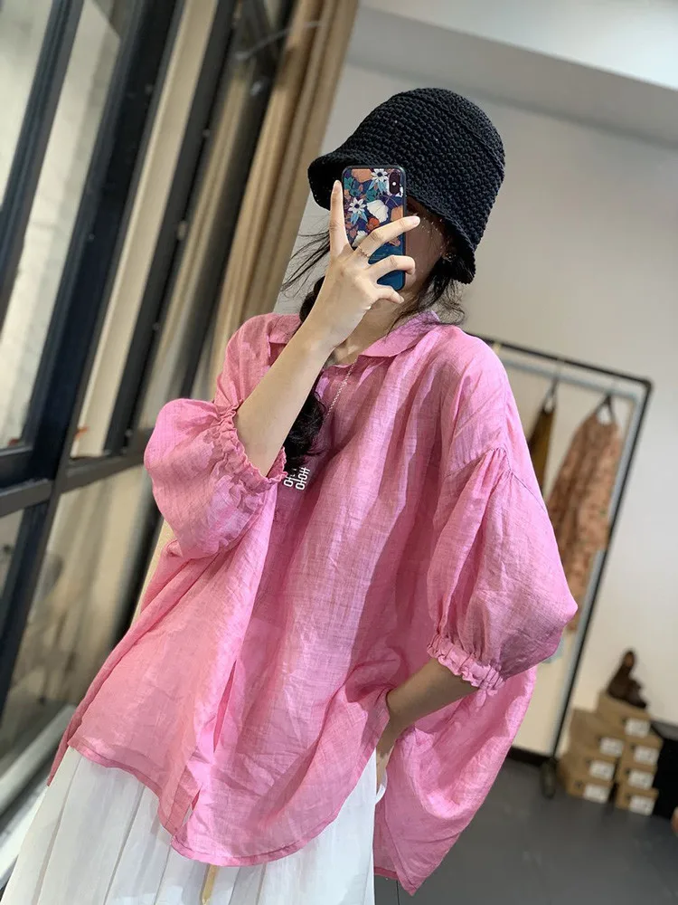 Summer Shirt Women Tops Casual Loose Pleated Ladies Blouses Pink Fashion Woman Shirt Tops 2023