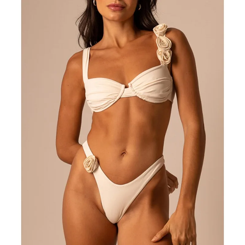 Sexy Bikini Set Women Swimsuit 2025 Black White 3D Floral Print Micro Bikinis Brazilian Cutout Beach Bathing Suit Thong Swimwear