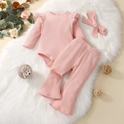 Cute and fashionable pit stripe three-layer flying sleeve jumpsuit with headwear and flared pants for baby girls set