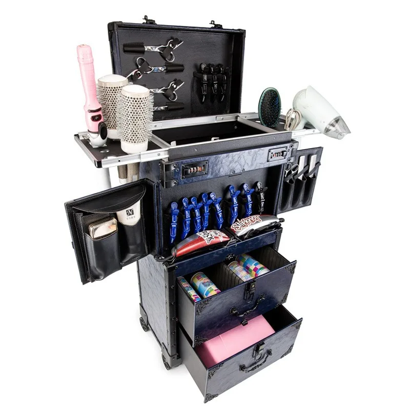 Hairdressing Toolbox Tie Rod Hairstylist Push Cutting Box Hairdresser Heavy Work Box with Double Drawer Double Row Universal Whe