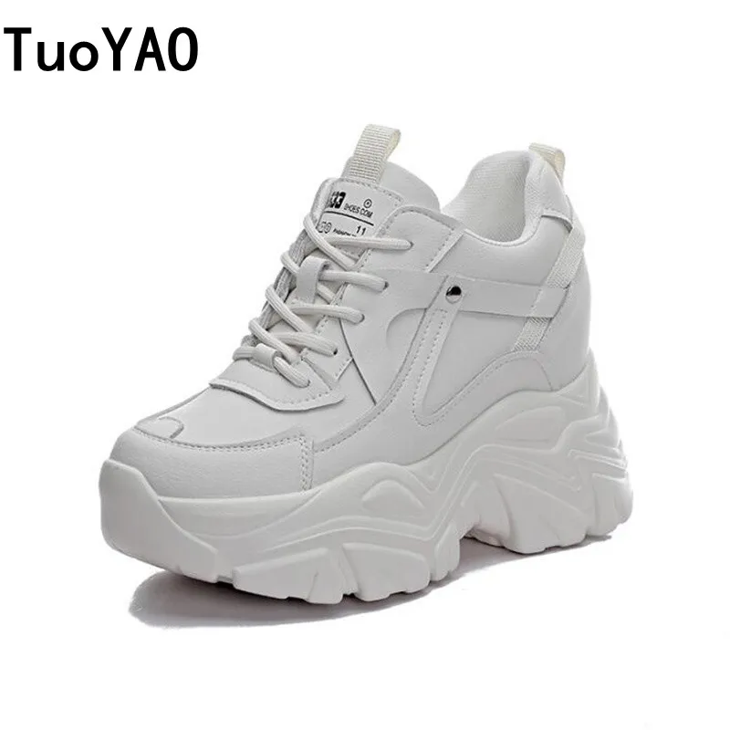 

Genuine Leather Casual Comfy Breathable 9CM Spring Autumn Platform Wedge High Brand Chunky Sneaker Ladies Fashion Walking Shoes