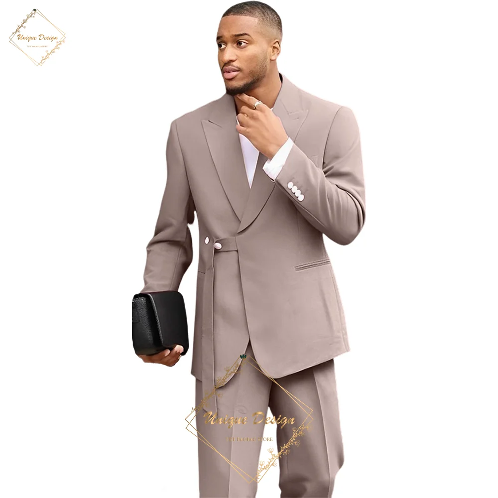 

Beige men's 2-piece suit set (jacket+pants) unique design peak lapel blazer custom tuxedo for wedding date prom birthday party