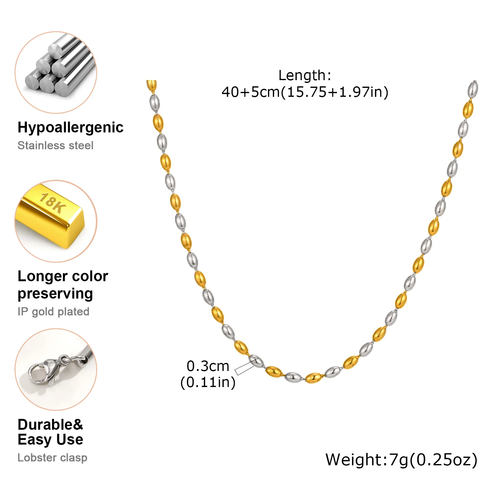 18 Karat vergoldete zweifarbige ovale Perlenkette für Damen, Schlüsselbein-Halskette aus Edelstahl, Modeschmuck-Geschenk – Detail 11