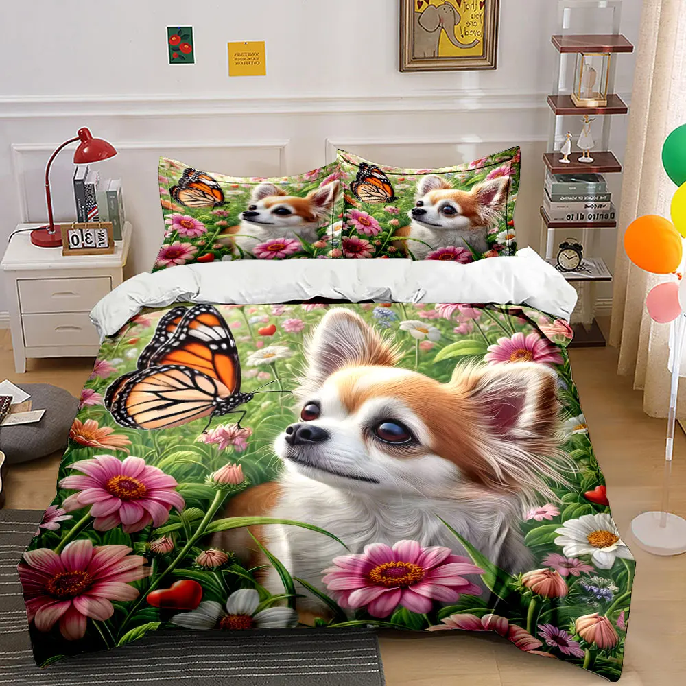 Cute dog gazing at butterfly field Bedding Set for Kids Luxury Gift 3pcs Digital Print Comforter Set Soft Comfortable Breathable