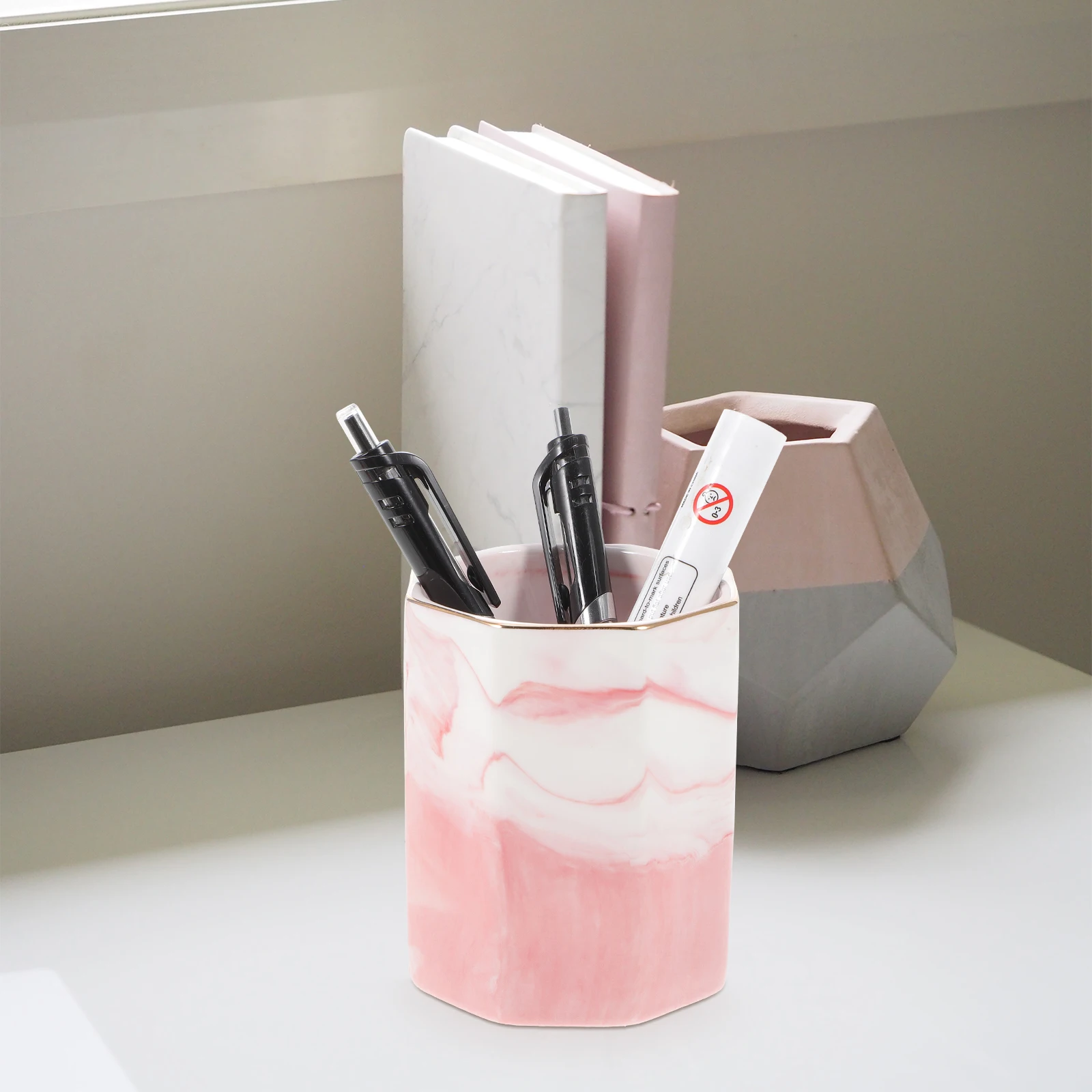 

Marble Hexagonal Pen Holder Pencil Cup Desktop Organizer Makeup Brush Holder Office Accessories Brush Storage for Women