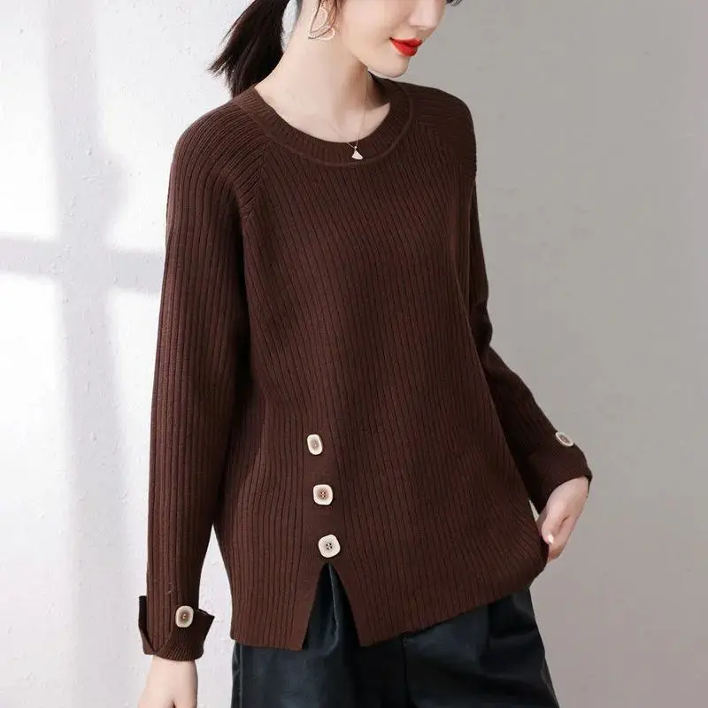 Korean Autumn/Winter Sweaters Women\'s O-Neck Solid Button Split Simplicity Versatile Loose Long Sleeve Pullovers Knitted Tops