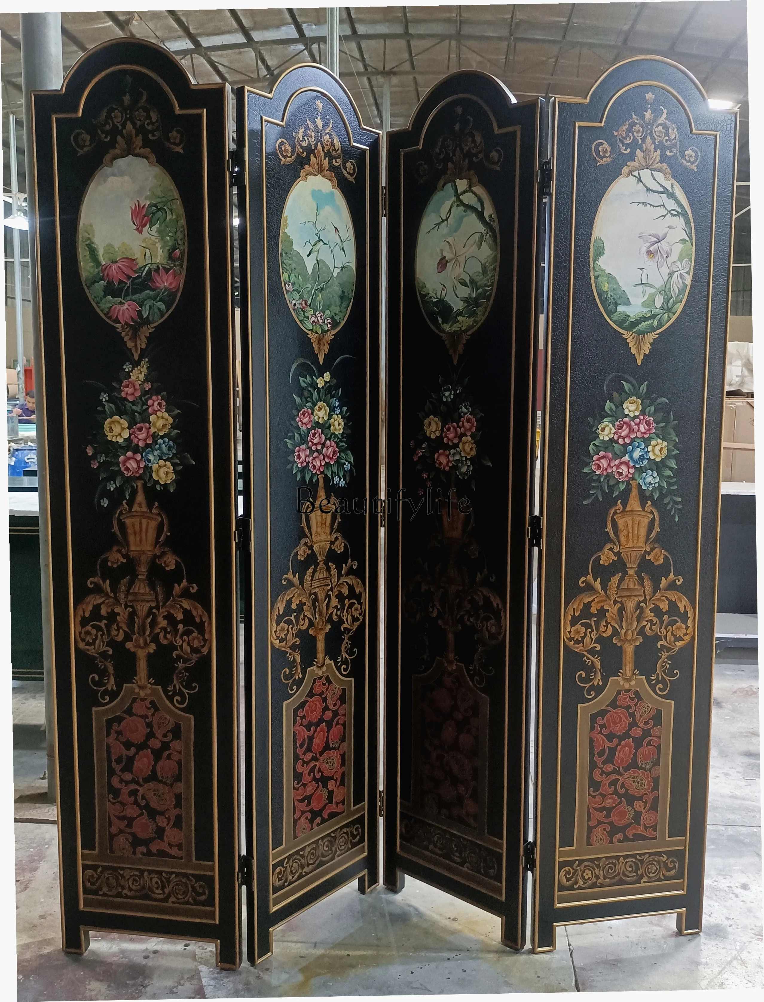 New Chinese Retro Hand-Painted Screen Movable Accordion Partition Homestay Hotel Villa Entrance Blocking Partition