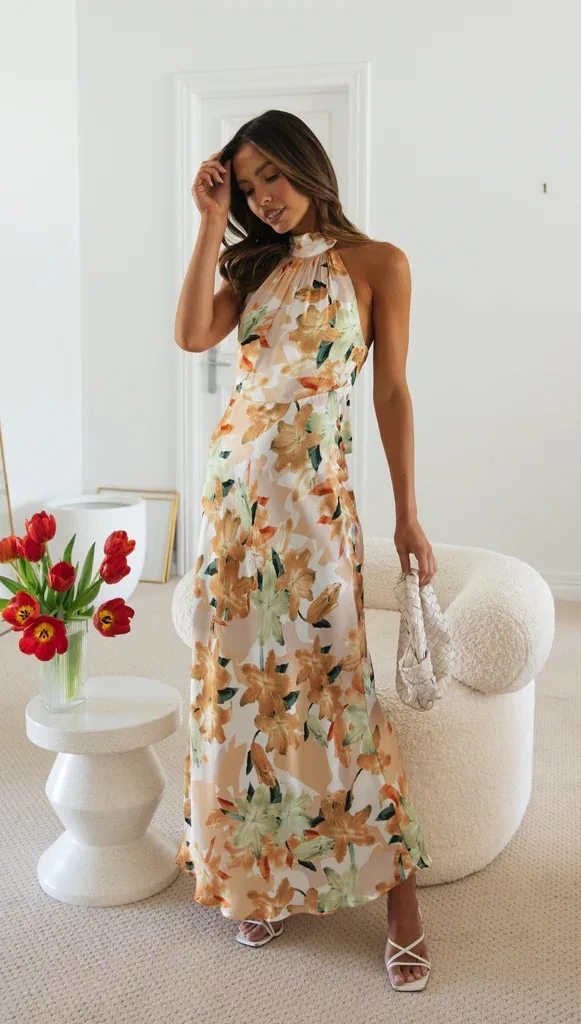 Flower Printed Halter Neck Leace-up Slim Long Dresses Women Fashion Backless Elegant Lady Bodycon Party Dress 2024 New Vestidos