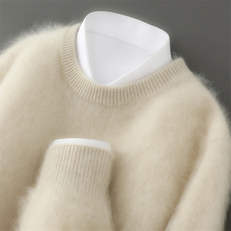 Men's O-Neck Pullover Sweater Fluffing Pure Wool Knit Warm Solid Color Business Bottoming Long Sleeve Top for Autumn Winter